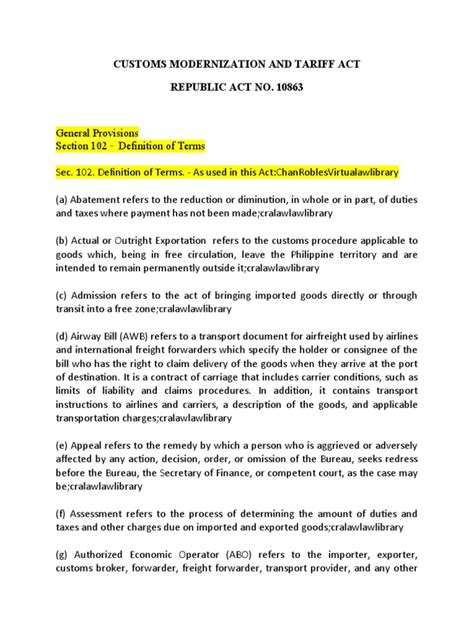 Republic Act No. 10863 on the Customs Modernization and Tariff .
